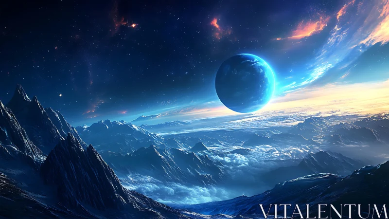 Exoplanet horizon above frozen mountain cloudscape at dawn