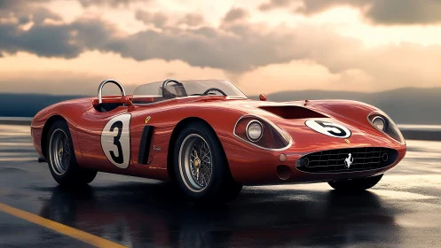 Scarlet vintage racer stalks the wet track at sundown.