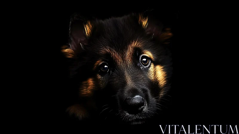 German shepherd puppy portrait on deep black background.