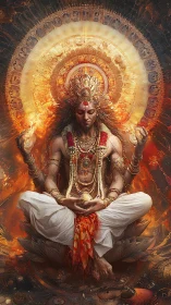 Mythic ascetic deity levitates within concentric blazing mandala