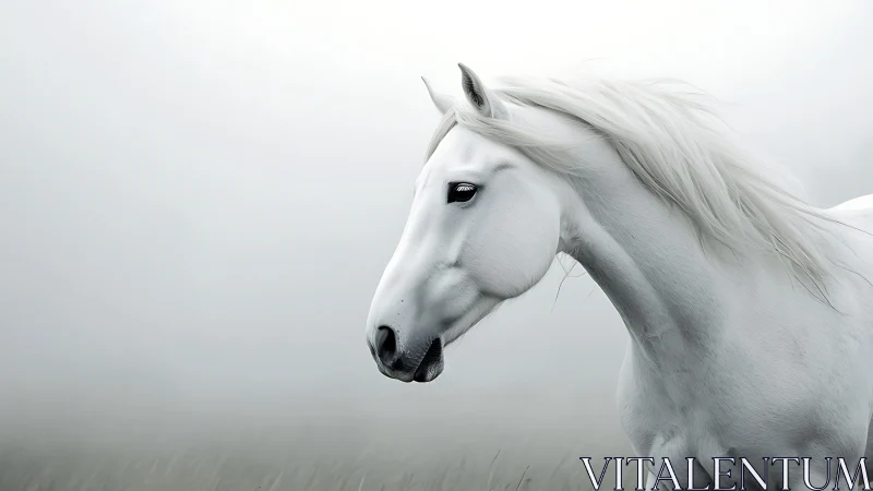 White stallion emerging through mist in soft grey fieldscape.