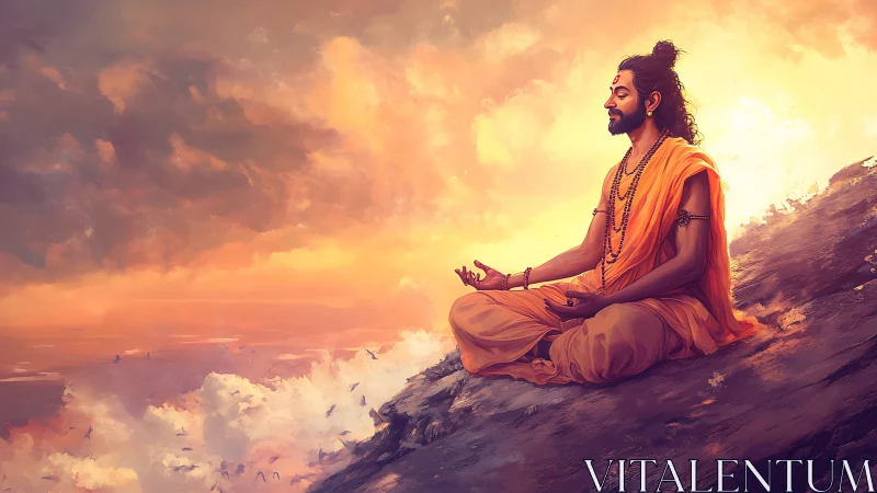 Sunlit ascetic in cliffside meditation under turbulent clouds.