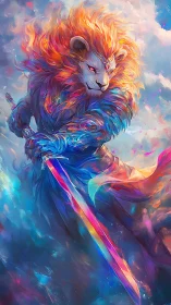 Radiant lionblade guardian cleaves storms of prismatic fire.