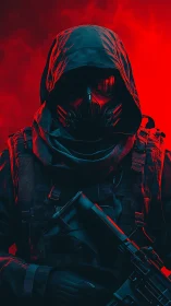 Hooded masked soldier with rifle in red dramatic lighting.