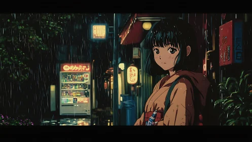 Rain-dusted alley pauses as a quiet girl guards her soda