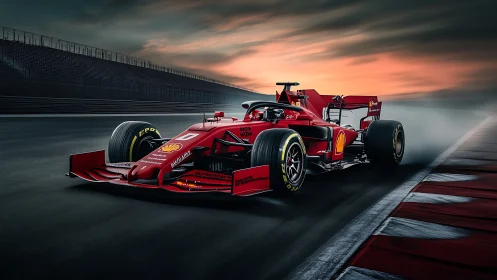 Red Formula racer powering through dramatic sunset track.