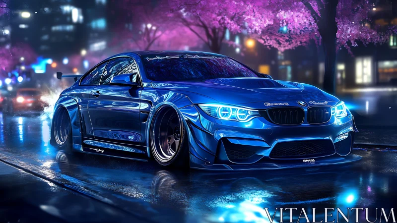 Neon street samurai coupe prowls beneath sakura night glow