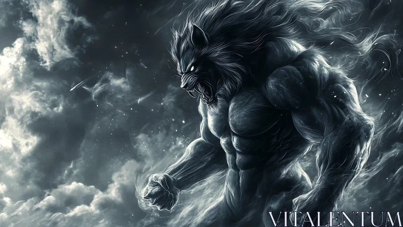 Storm-lit werewolf titan roaring within swirling clouds.