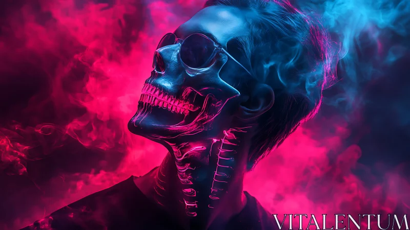 Neon smoke surrounds skull‑faced figure in profile view