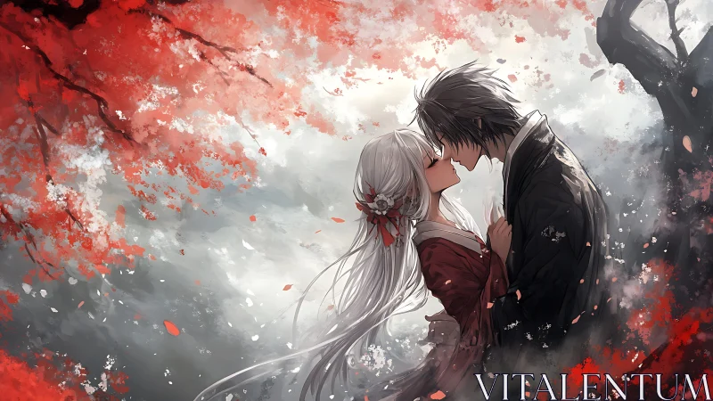 Autumnal anime lovers in atmospheric red mist composition.