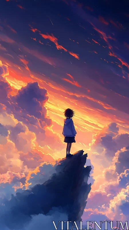 Solitary girl watches blazing sunset sky from high peak.