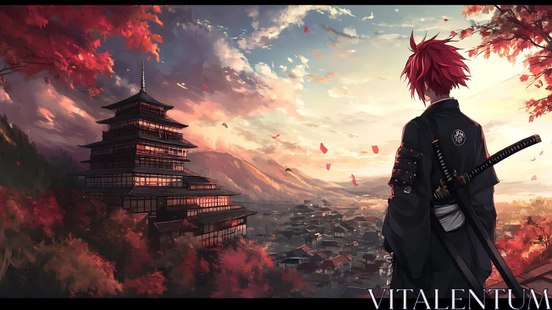 Samurai’s quiet pause above a glowing autumn village.