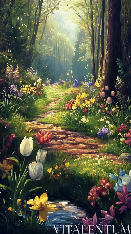 Sunlit forest path lined with colorful wild spring flowers.