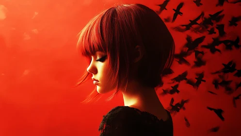 Crimson daydream girl exhales a storm of shadowed birds