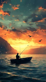 Lone fisherman in small boat under intense sunset sky.