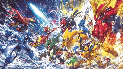 Anime mecha-creature clash in split elemental battlefield panorama.