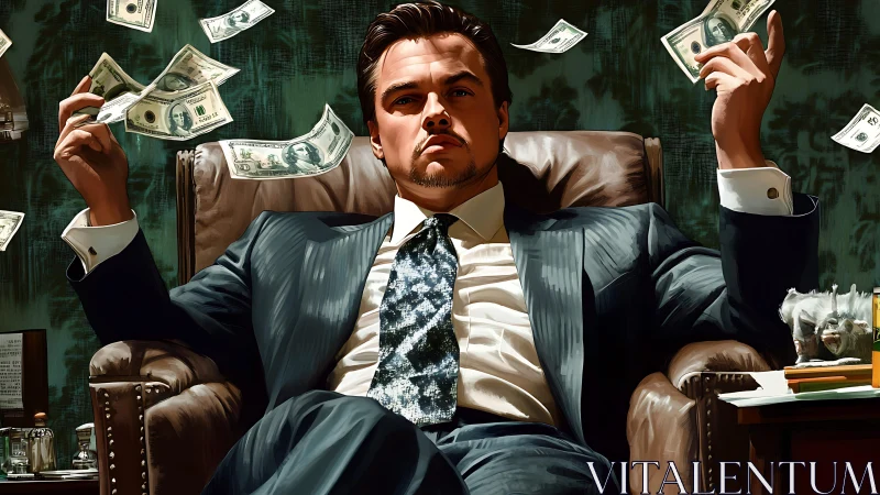 Confident businessman in suit surrounded by floating cash bills.