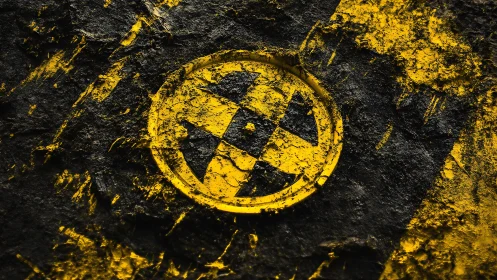 Radioactive hazard symbol in rough yellow black texture.