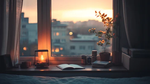Desk by apartment window at dusk with plant and lamp.