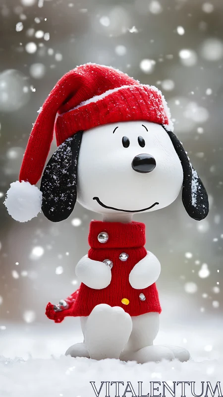 Snow-covered cartoon dog figurine in festive winter attire