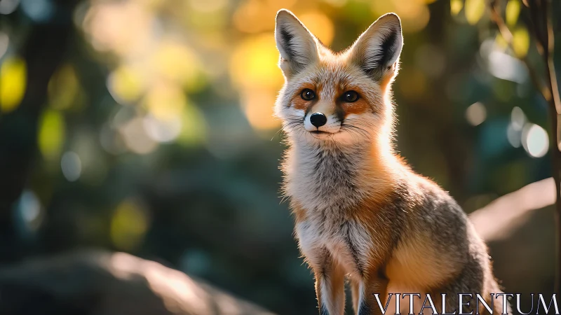 Photorealistic fox portrait with shallow-depth woodland bokeh.
