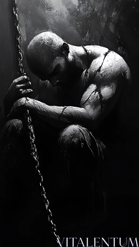 Solitary muscular figure seated in shadow, gripping vertical chain.