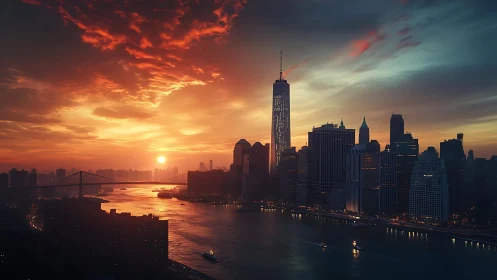 Sunset skyline glows over riverfront city towers and bridges.