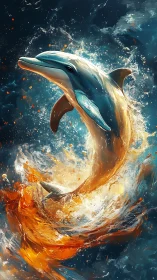 Dolphin emerging from turbulent water with contrasting colors.