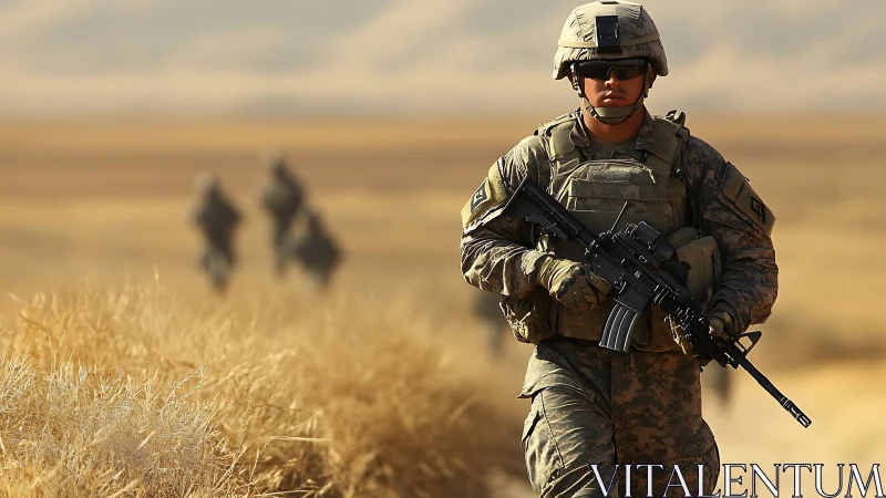 Modern infantry soldier advancing through arid field under shallow depth