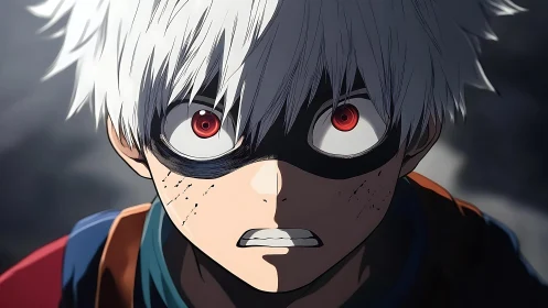 Intense white‑haired masked boy with red irises in close focus