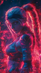 Fierce neon warrior turns in glowing pink and blue flames