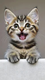 Tabby Kitten with Open Mouth Expression Against Neutral Background.