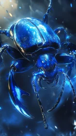 Luminous blue scarab rendered as reflective chrome form