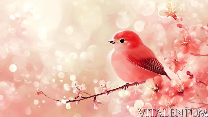 Red bird perched on branch amid pink floral background composition