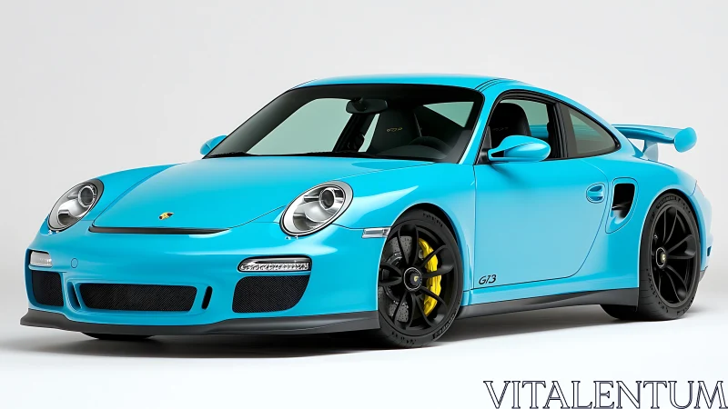 Turquoise Porsche GT3 coupe showcases track-focused aerodynamics.