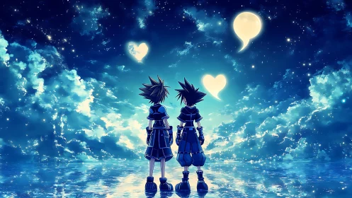 Twin anime heroes under luminous starry sky reflection.