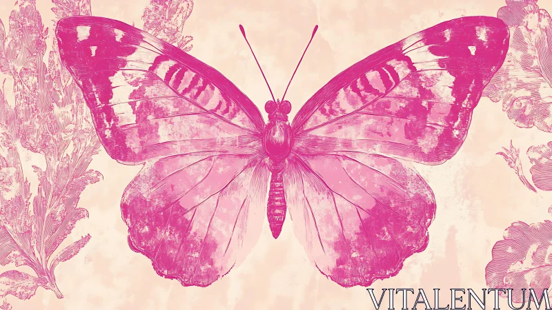 Pink butterfly illustration on textured floral background.