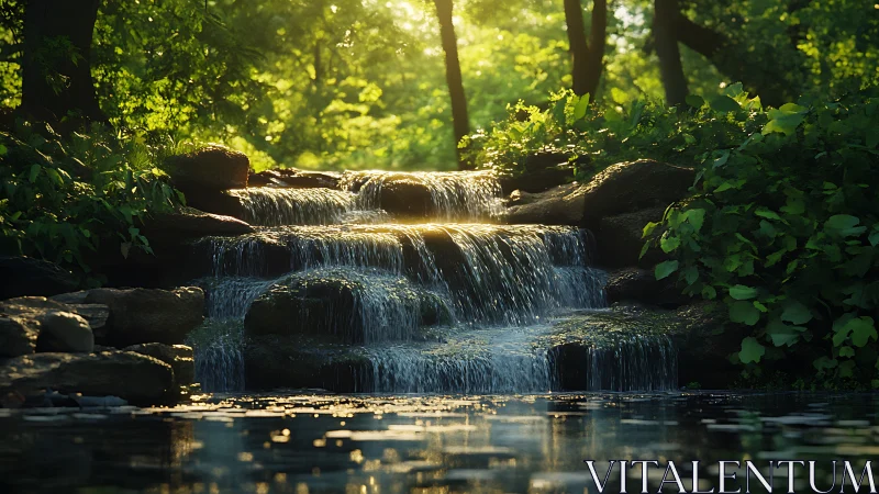 Multi-tier forest waterfall under backlit foliage with soft bokeh