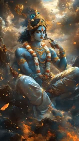 Blue-skinned deity figure seated amid clouds and embers.