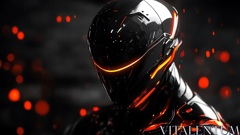 Cyberpunk chrome sentinel with emissive neon edge lighting.