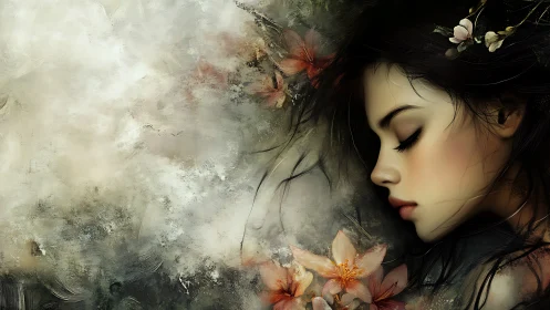 Silent profile of floral muse in soft ethereal haze.