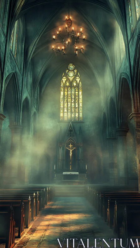 Sunlit cathedral nave glows through dust and stained glass.