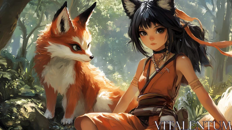 Forest fox girl rests with her loyal fox companion