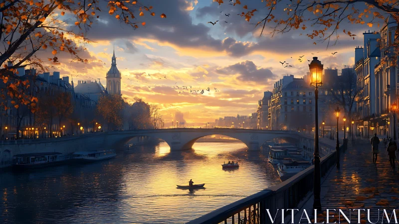 Autumn dusk riverfront cityscape with bridge and moored boats