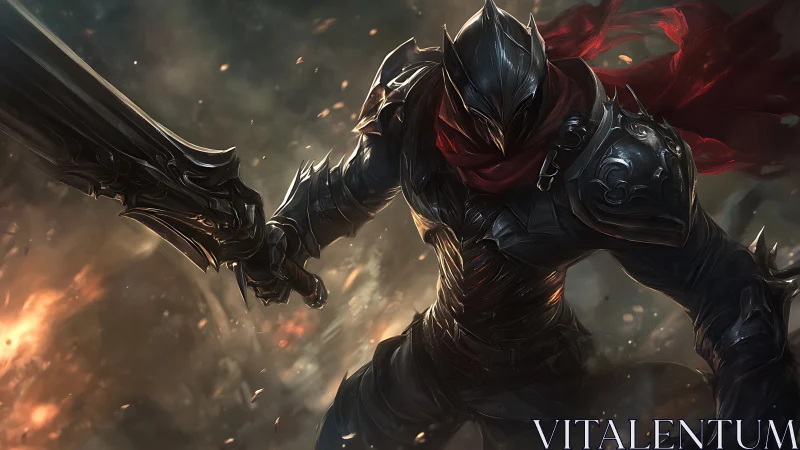 Heavily armored dark knight lunging with oversized runic sword