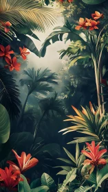 Dense tropical canopy with layered mist and saturated florals