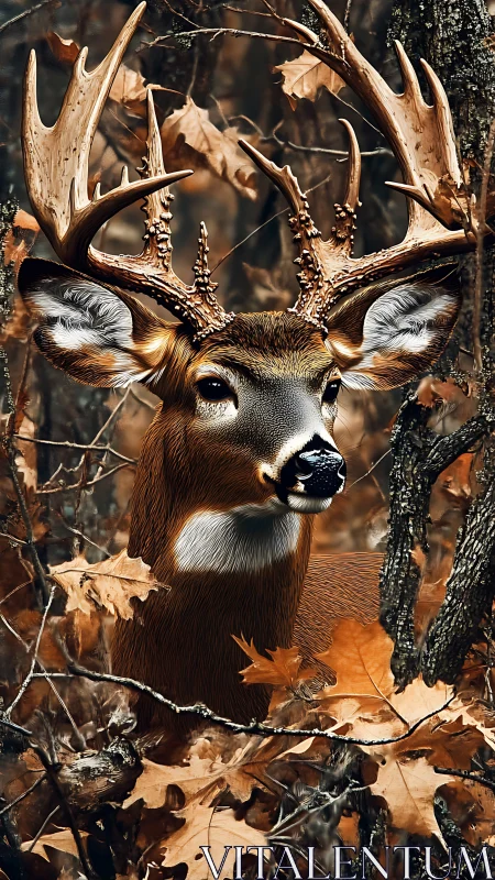Whitetail buck with large antlers in autumn woodland scene.
