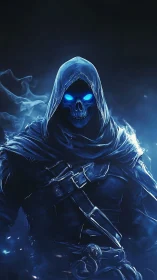 Hooded skeletal figure with blue glowing eyes in darkness.