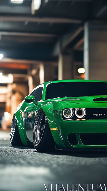 Lowered green muscle car under cinematic garage bokeh light.