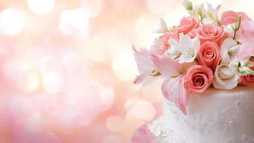 Ornate Wedding Cake with Pink Floral Arrangement.